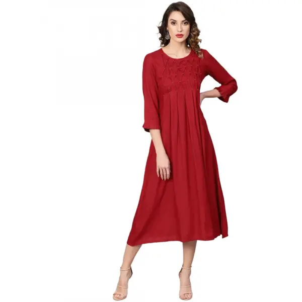 Generic Women's Casual 3/4 th Sleeve Solid Rayon Dobby Dress (Maroon)