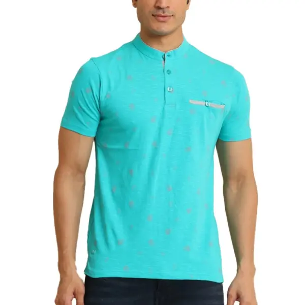 Generic Men's Casual Cotton Printed Mandarin Collar Half Sleeve T-Shirt (Seagreen)