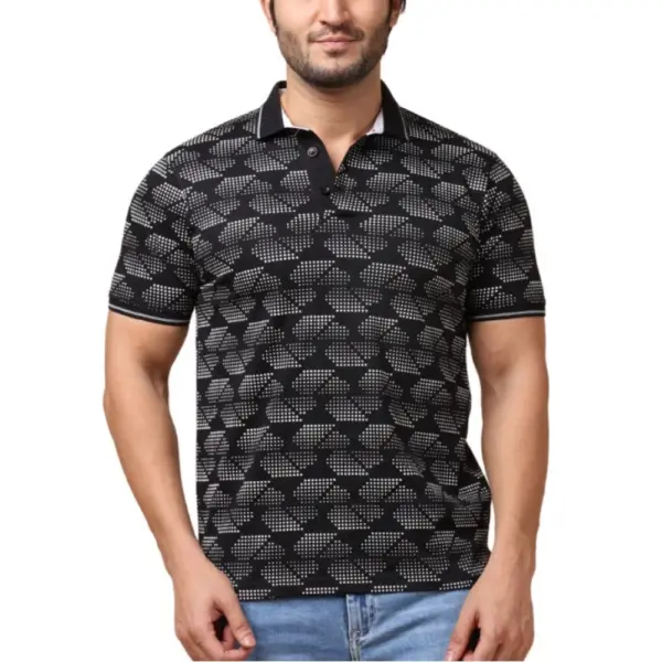 Generic Men's Casual Cotton Printed Polo Neck Half Sleeve T-Shirt (Black)