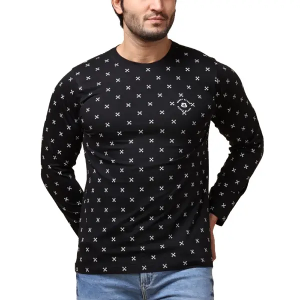 Generic Men's Casual Cotton Printed Round Neck Full Sleeve T-Shirt (Black)
