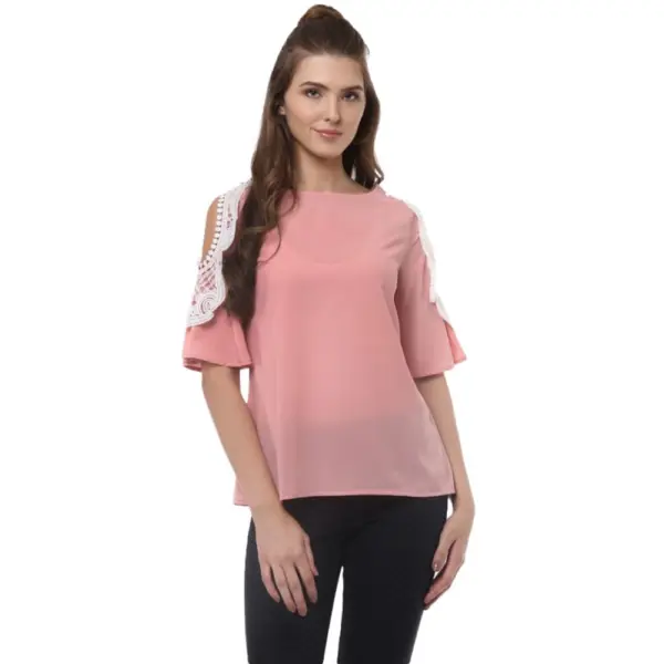 Generic Women's Polyester Lace Inserts Half Sleeve Top (Pink)