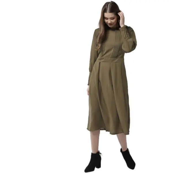 Generic Women's Polyester Pintuck Long Sleeves Below Knee Dress (Olive)