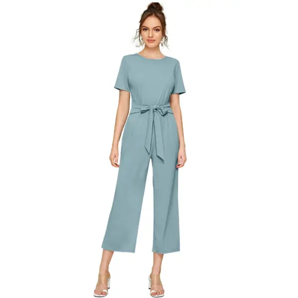 Generic Women's Knitting stretchable Solid Round Neck Cap Sleeve Jumpsuit (Pista )