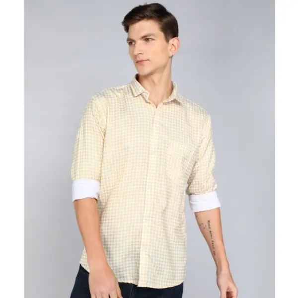 Generic Men's Casual Viscose Rayon Checkered Full Sleeve Collar Shirt (Brown-White)