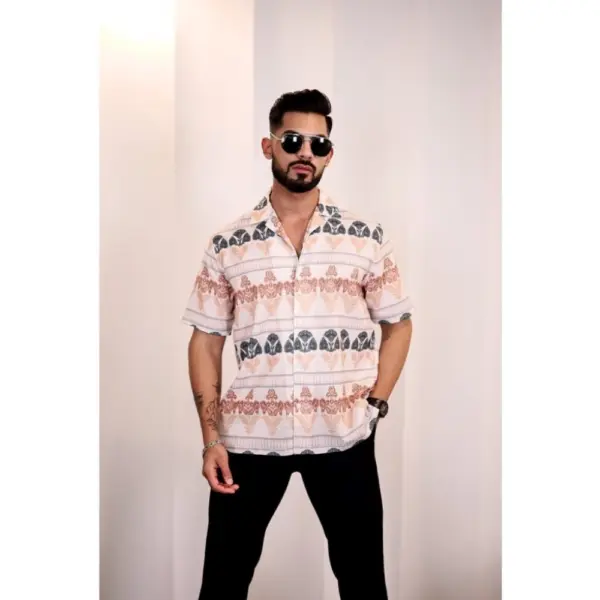 Generic Men's Linen Printed Half Sleeve Shirt (Cream Orange)