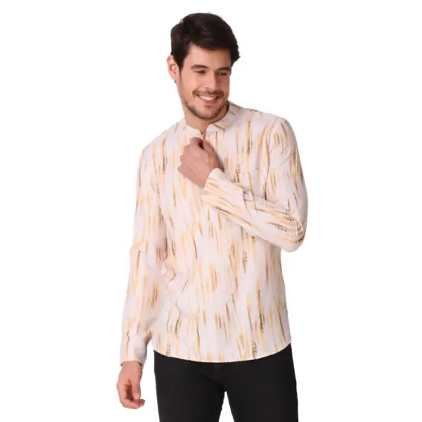 Generic Men's Cotton Rayon Digital Printed Mandarin Collar Short Kurta (Peach)