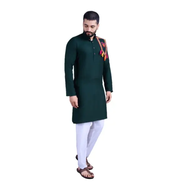 Generic Men's Rayon Mirror Embroidery Mandarin Collar Kurta (Green)