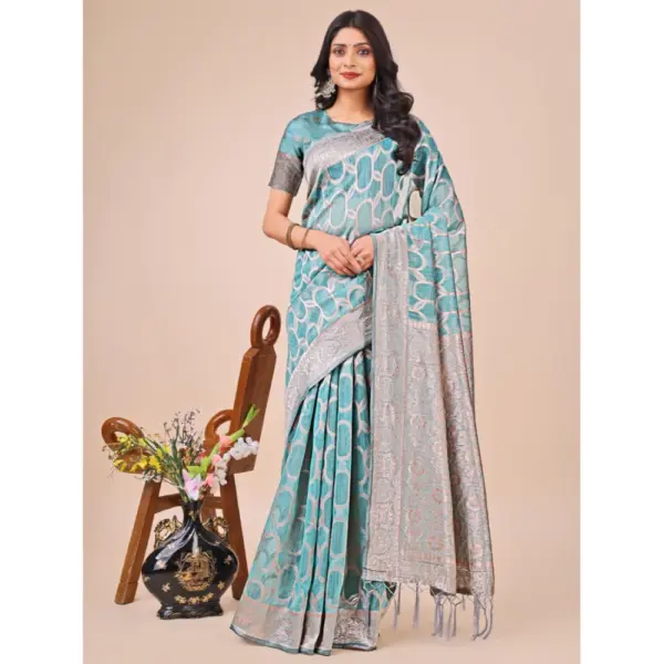 Generic Women's Linen Cotton Printed Saree With Unstitched Blouse 5.5Mtr (Teal)