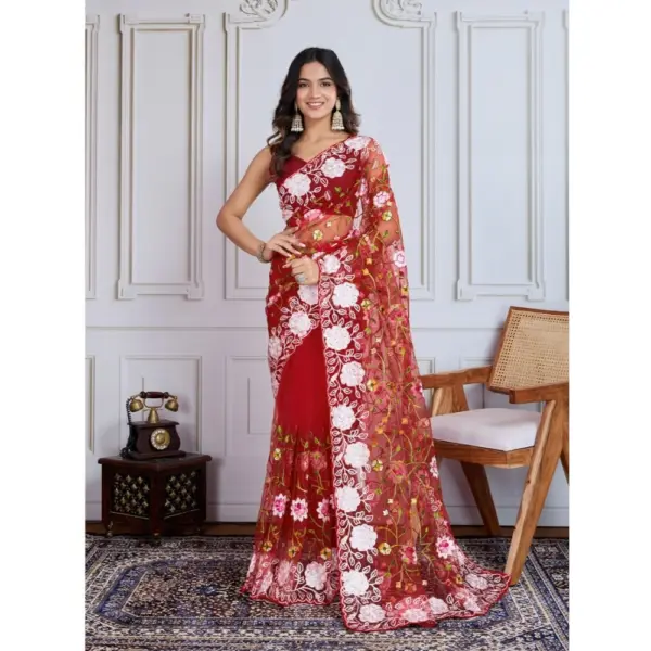 Generic Women's Soft Net Thread Embroidery Saree With Unstitched Blouse 5.5Mtr (Maroon)