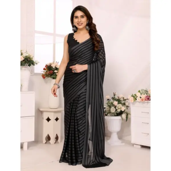 Generic Women's  Black Berry Striped Ready-to-Wear Saree With Unstitched Blouse 5.5 Mtr (Grey-Black)