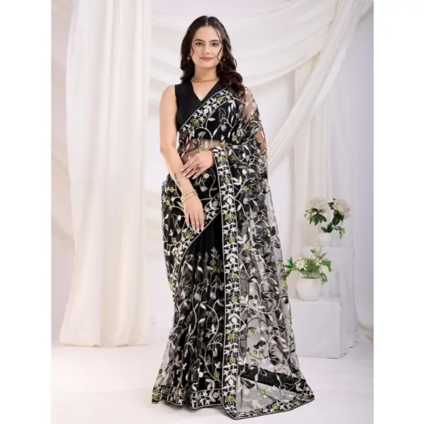 Generic Women's Soft Net Thread Embroidery Saree With Unstitched Blouse 5.5Mtr (Black)