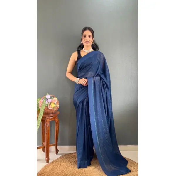 Generic Women's Chiffon Solid Ready to wear Saree With Unstitched Blouse 5.5 Mtr (Blue )