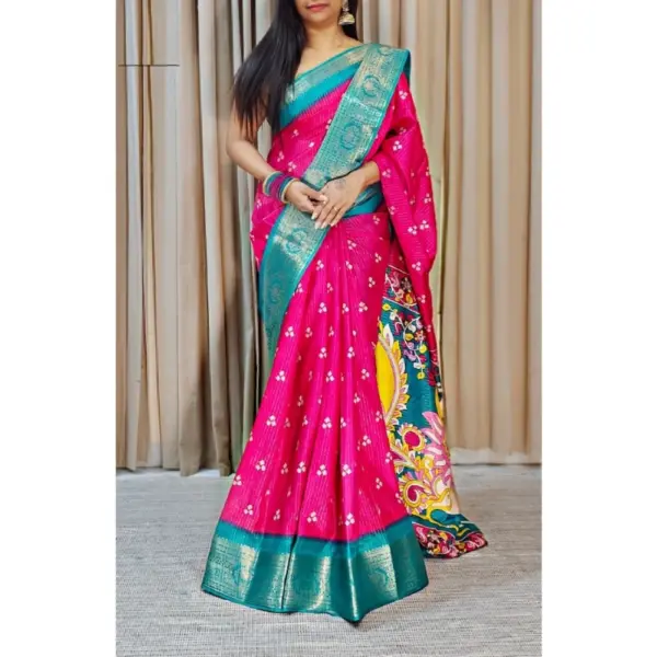 Generic Women's Soft Dola Cotton Kalamkari Printed Saree With Unstitched Blouse 5.5Mtr (Pink)