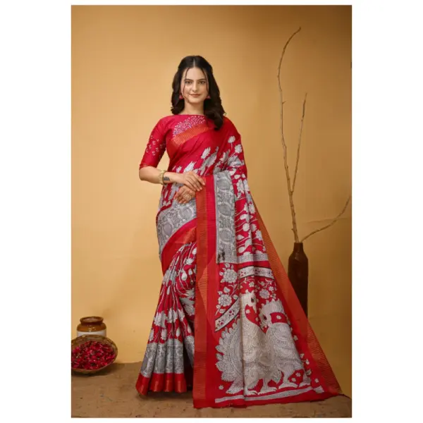 Generic Women's Soft Handloom Cotton Kalamkari Printed Saree With Unstitched Blouse 5.5Mtr (Pink)