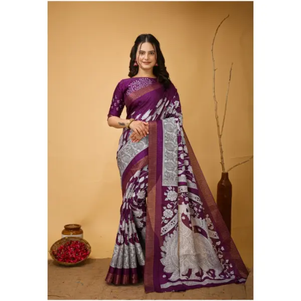 Generic Women's Soft Handloom Cotton Kalamkari Printed Saree With Unstitched Blouse 5.5Mtr (Purple)