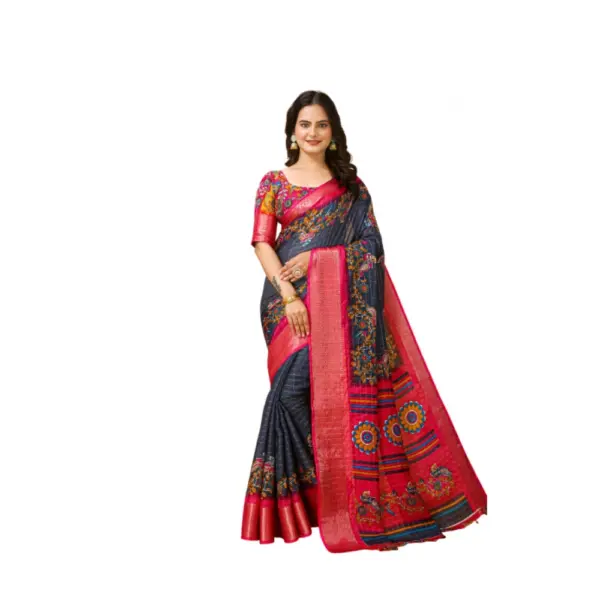 Generic Women's Soft Dola Cotton Kalamkari Printed Saree With Unstitched Blouse 5.5Mtr (Grey)