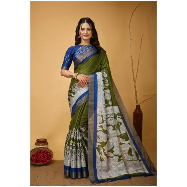 Generic Women's Soft Handloom Cotton Kalamkari Printed Saree With Unstitched Blouse 5.5Mtr (Mehendi)