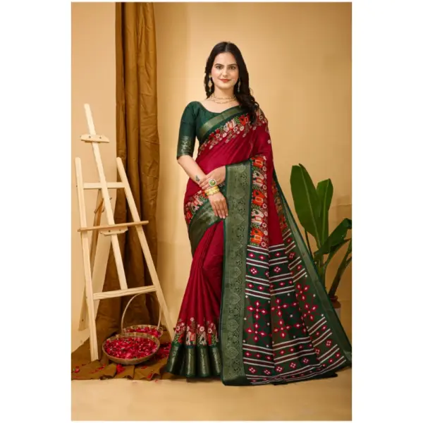 Generic Women's Soft Dola Cotton Kalamkari Printed Saree With Unstitched Blouse 5.5Mtr (Red)