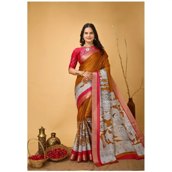 Generic Women's Soft Handloom Cotton Kalamkari Printed Saree With Unstitched Blouse 5.5Mtr (Mustard)