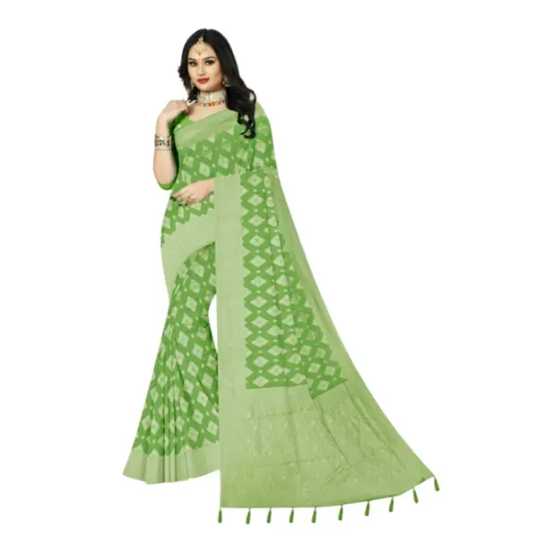 Generic Women's Cotton Printed Saree With Unstitched Blouse 5.5Mtr (Green)