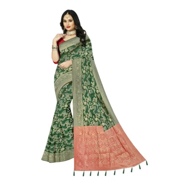 Generic Women's Banarasi Printed Saree With Unstitched Blouse 5.5Mtr (Green)