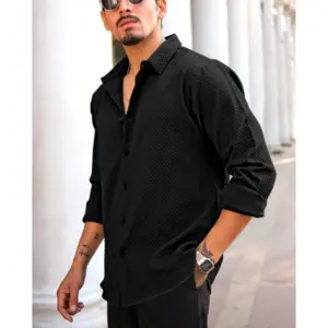 Generic Men's Casual Popcorn Self-design Full Sleeve Collar Shirt (Black)