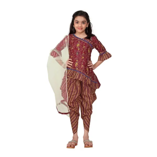 Generic Girl's Cotton Printed Kurtis With Dhoti Dupatta Set (Maroon)