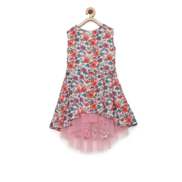 Generic Girl's Polyester Crepe Printed Sleeveless Round Neck Dress (Multicolor)