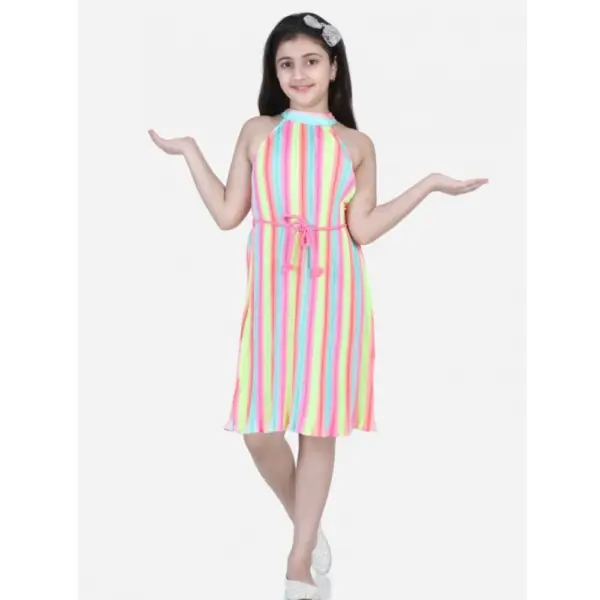 Generic Girl's Polyester Crepe Striped Sleeveless Round Neck Dress (Multicolor)