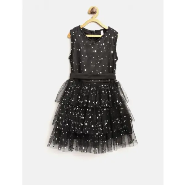 Generic Girl's Net Embellished Sleeveless V-Neck Dress (Black)