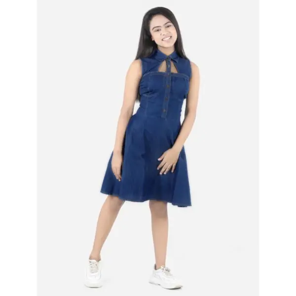 Generic Girl's Denim Solid Sleeveless Shirt collar Dress (Blue)