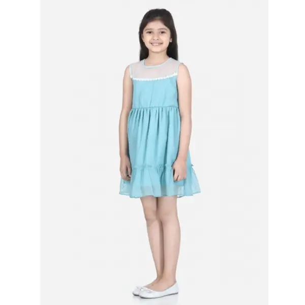 Generic Girl's Polyester Dobby Floral Printed Sleeveless Round Neck Dress (Blue)