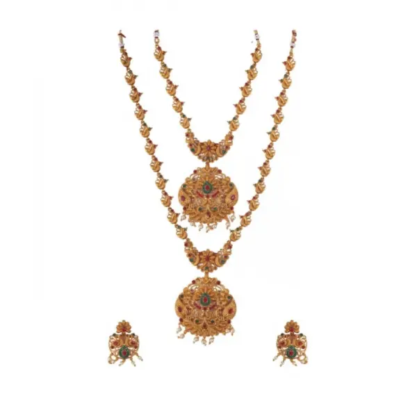 Generic Women's Elegent And Modern Double Line Temple Jewellery Set (Red And Green, Free Size)
