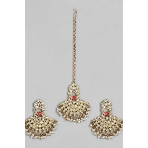 Generic Women's Rose Gold Plated Alloy Kundan Earrings & Mangtikka (White)