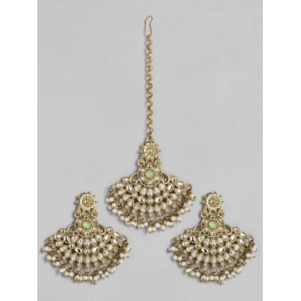 Generic Women's Rose Gold Plated Alloy Kundan Earrings & Mangtikka (White)