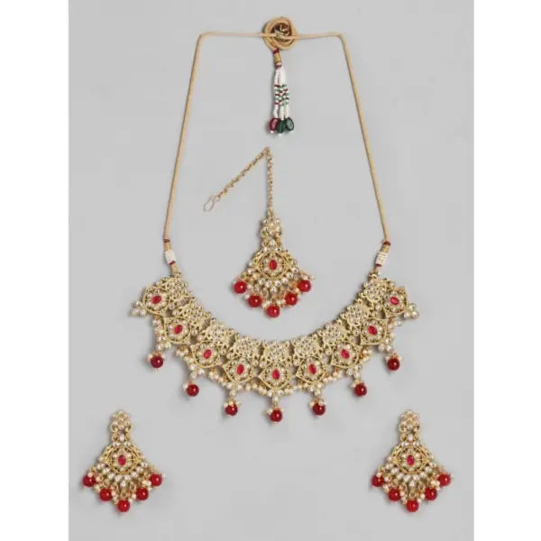 Generic Women's Rose Gold Plated Alloy Necklace & Earings Set (Red)
