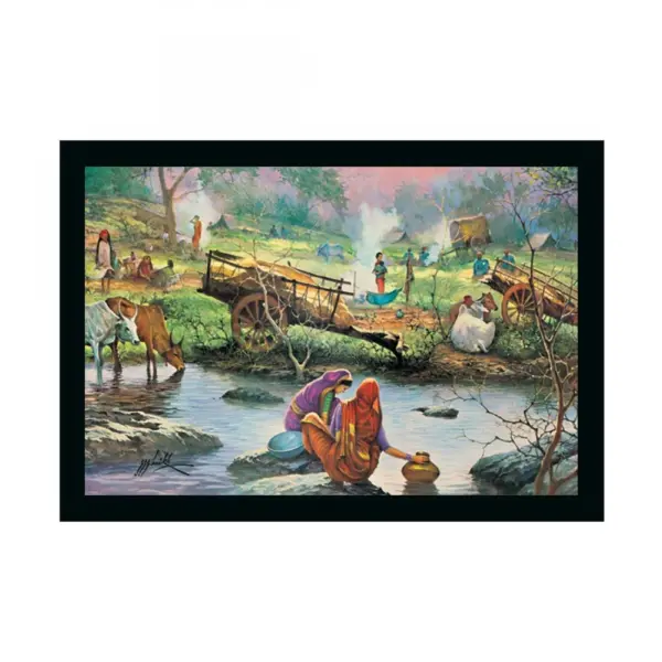 Generic Rajasthani Village Modern Art Painting with Synthetic Photo Frame (Multicolor)
