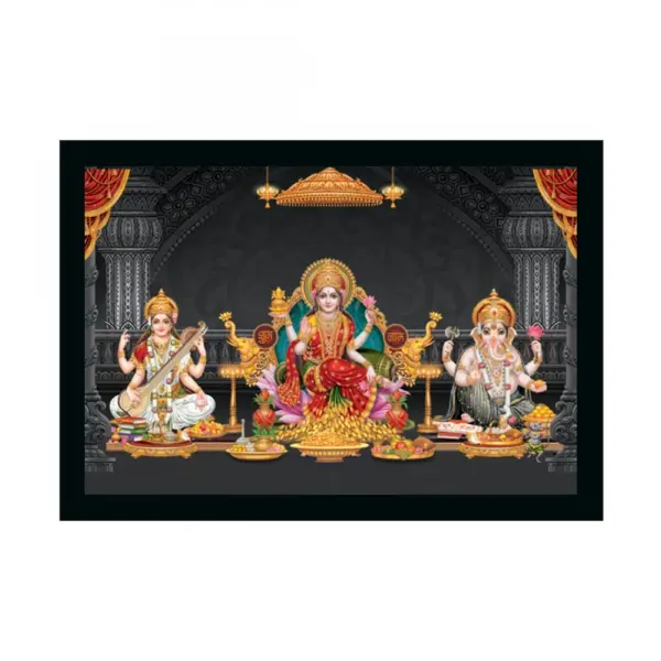 Generic Maa Laxmi Goddess Ganesh & Maa Saraswati Painting with Synthetic Photo Frame (Multicolor)